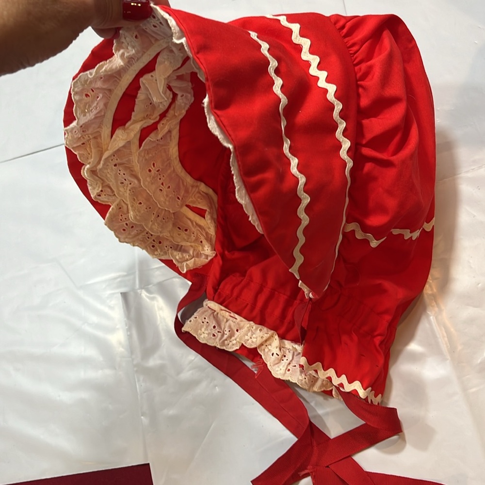 Red Prairie BONNET HAND MADE lace ruffle trim ribbon neck tie costume OS womens